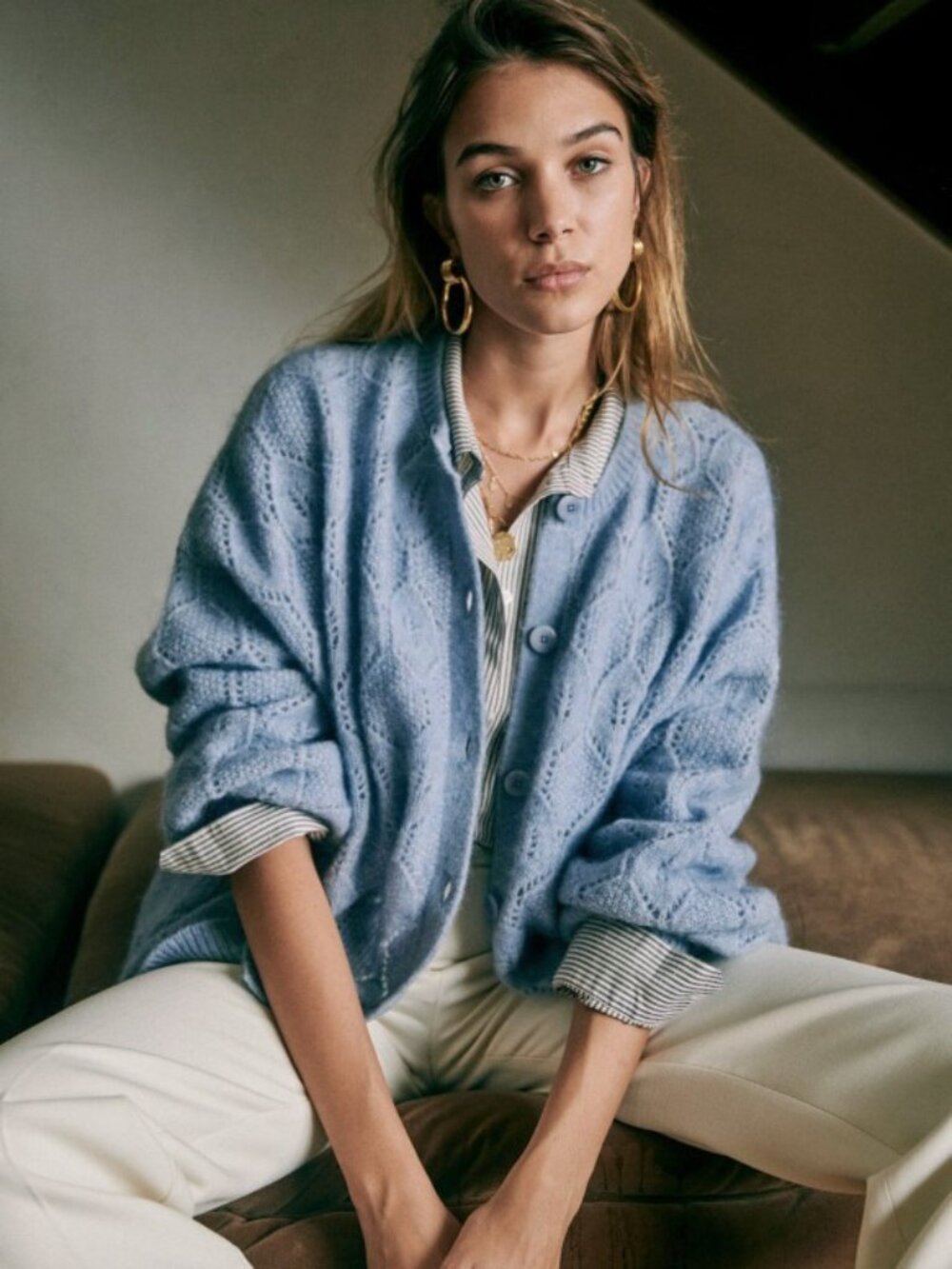 Last Call! Like New Sezane Phoebe Mohair Wool Pointelle Cardigan Storm Blue XS - Picture 2 of 8